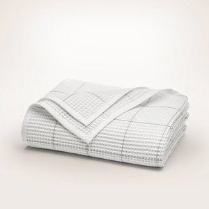 NWT Boll & Branch Queen Waffle Fine Windowpane Bed Blanket in white/pewter